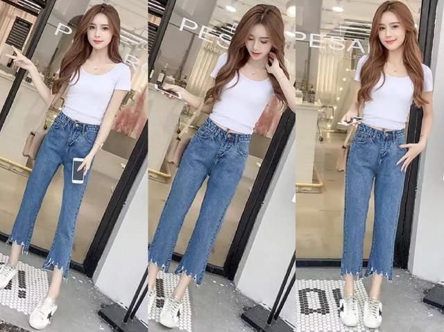 八分牛仔裤+白色t恤，小个子的女生这样搭轻松显白又显高!
