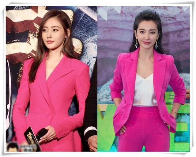 张天爱168，李冰冰166，两人同穿玫红西装，网友：气场差距尴尬了