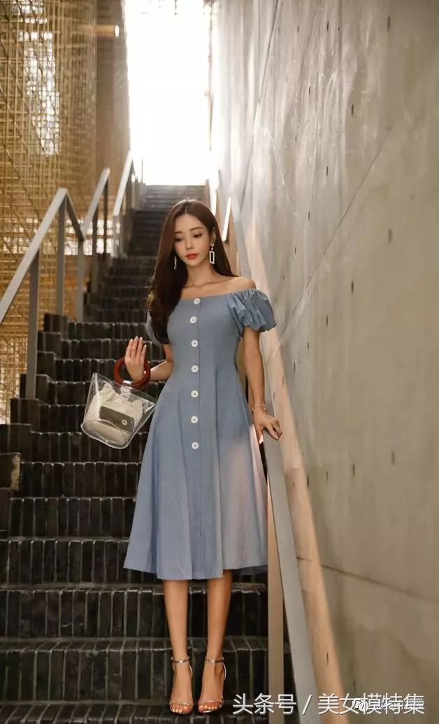 浪漫情人孙允珠，清新一字肩女神装连衣裙