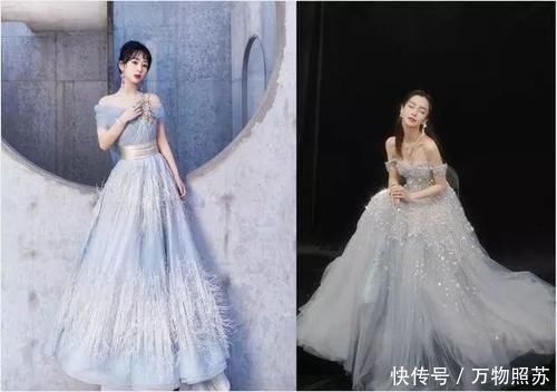 『 亮片』少女和辣妈都很飒，身材都超A，杨紫与杨颖同穿露肩亮片礼服