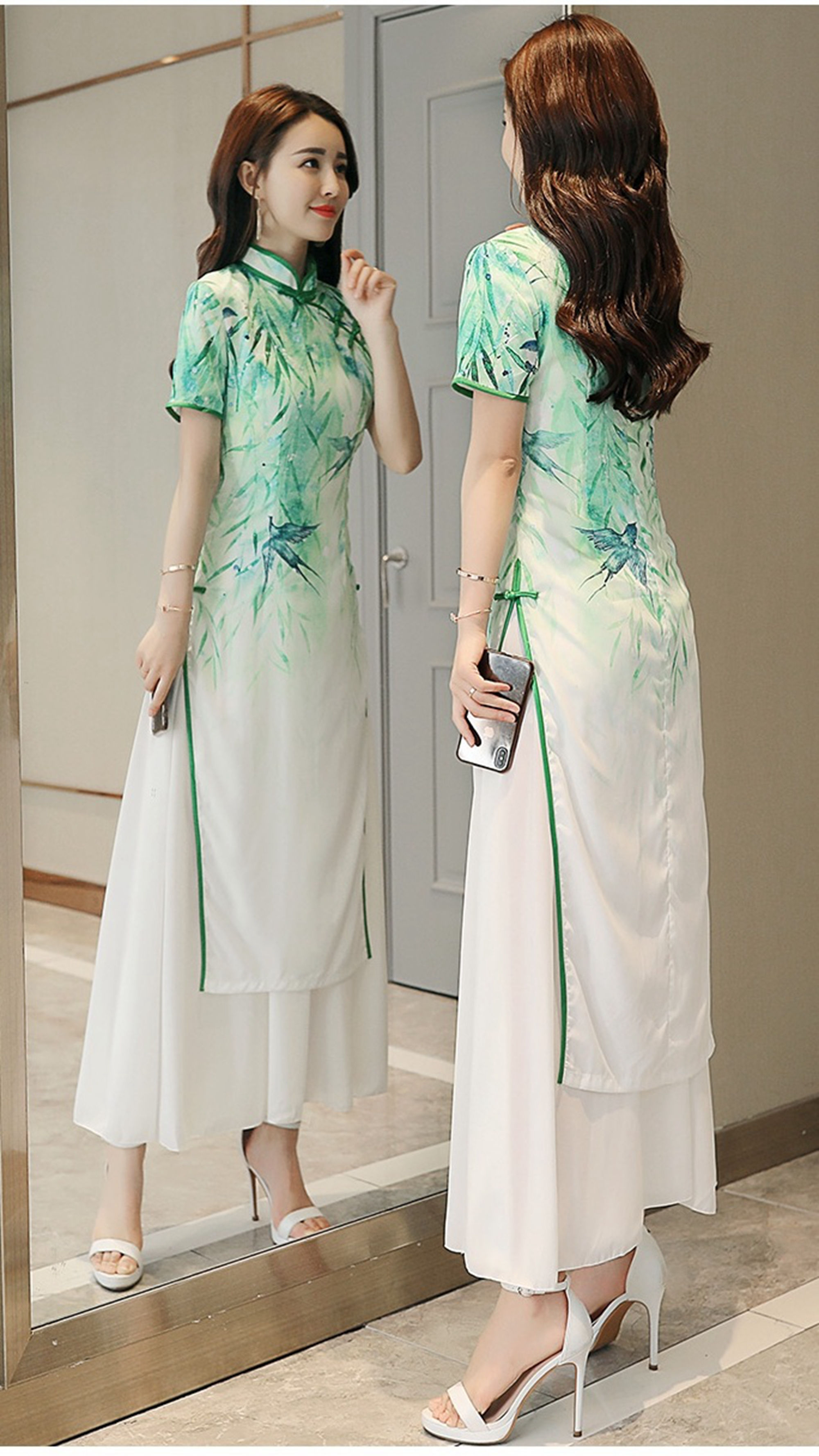 小巧玲珑身材适合穿这款改良旗袍连衣裙,高腰短袖长裙,简约舒适