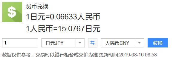 2019年8月16日日元对人民币汇率今日查询 
