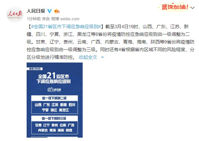  #下调#全国21省区市下调应急响应级别