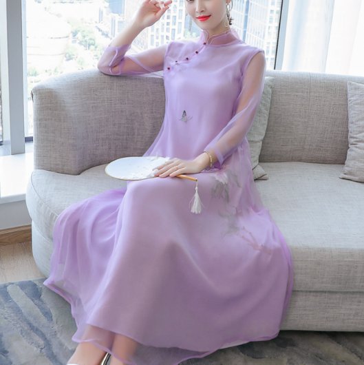 比旗袍还高级的中国风欧根纱连衣裙，优雅唯美，适合微胖70女人