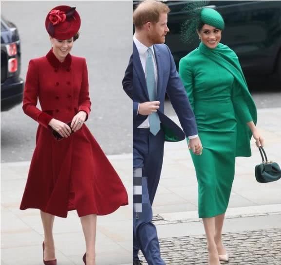 『 凯特』梅根选绿裙用力过猛沦为陪衬，红绿斗艳！凯特王妃穿红裙美成焦点
