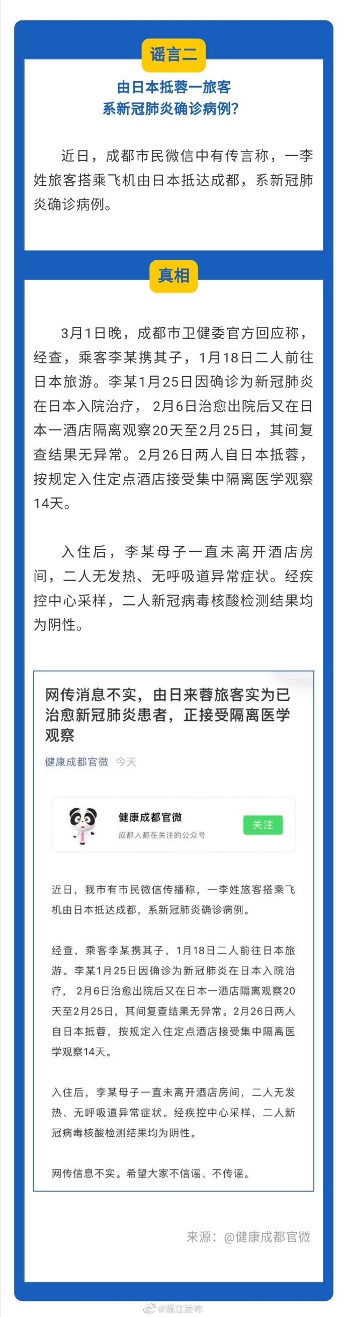 抵蓉■近日由日韩抵蓉人员有新冠肺炎患者？成都市卫健委辟谣