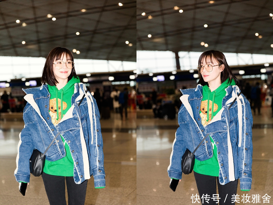 袁姗姗厉害呀！随便缝半条牛仔裤也能当裙穿，网友：不当设计多亏