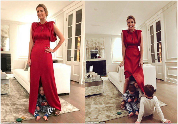 伊万卡让孩子在自己裙子下玩捉迷藏 母性光环下尽显好身材