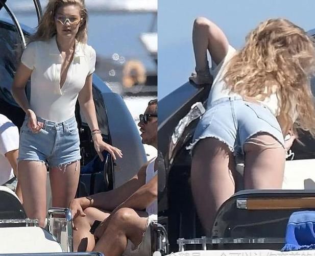 超模吉吉·哈迪德游艇度假，牛仔热裤展示大美腿，背影很炫目