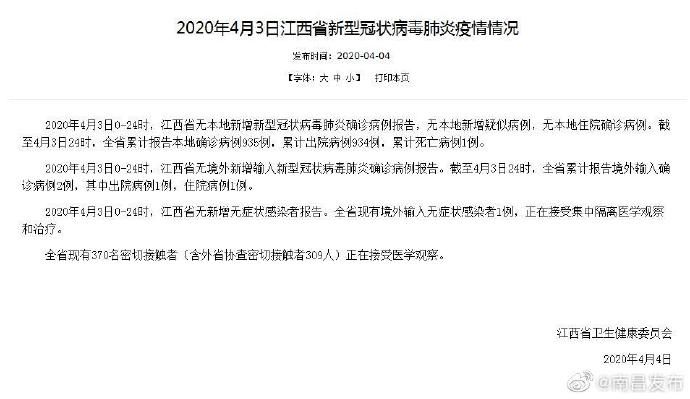  『确诊病例』2020年4月3日江西省新型冠状病毒肺炎疫情情况