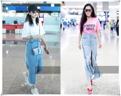 当96斤冉莹颖和104斤李冰冰同穿开叉牛仔裙，网友：画风如此尴尬