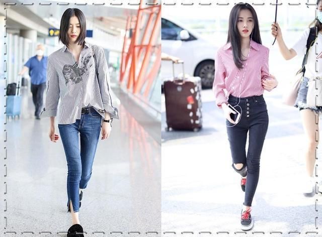 当刘雯和鞠婧祎同穿条纹衬衫,网友:终于知道干瘦和苗条的差距!