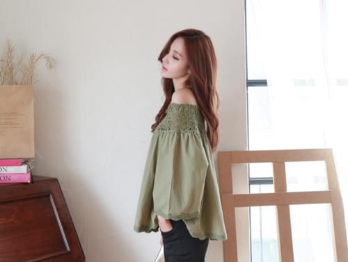 紧身裤|嫣然巧笑孙允珠暗绿色性感露肩透视雕花上衣修身显瘦紧身裤