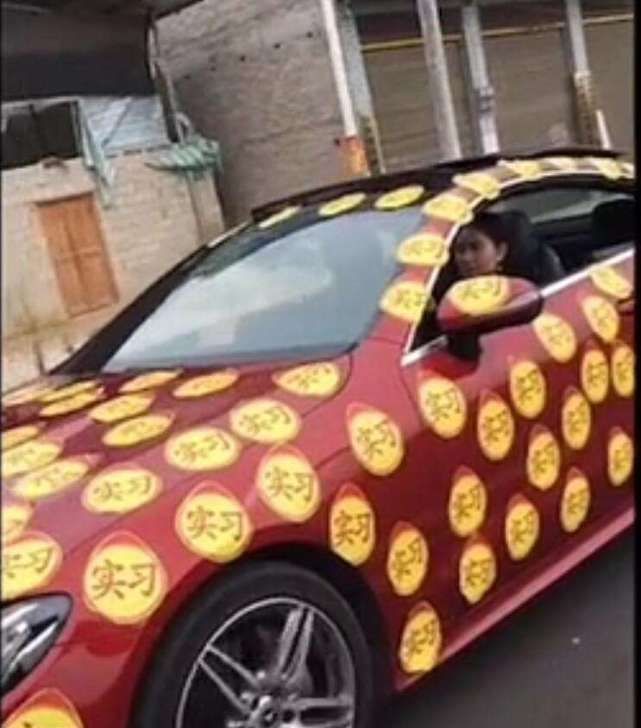  「开车的时」新手女司机开车上路，车尾的字成亮点，老司机看了都不敢靠近