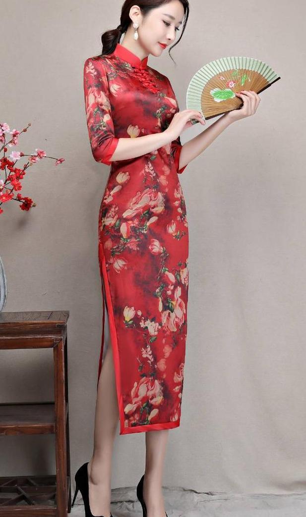 长款高开叉旗袍裙，穿出婀娜多姿好身材