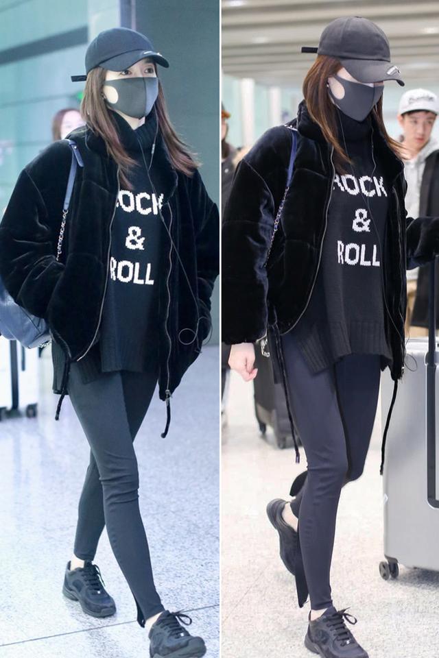 江疏影黑色look现身机场，修身打底裤尽显大长腿，这腿能看一整年