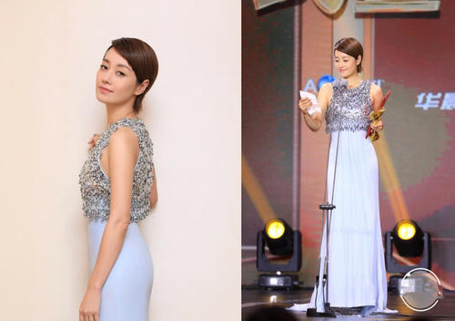 马伊琍穿蓝色连衣裙优雅动人，短发教科书的美，果然才是高级美！