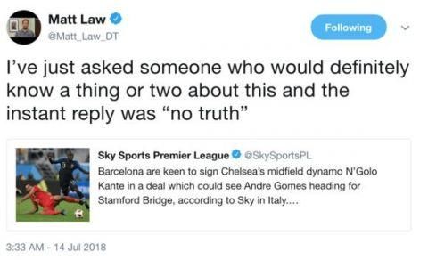 英超名记推特辟谣:坎特转会巴萨系假消息，蓝军并无出售意愿!