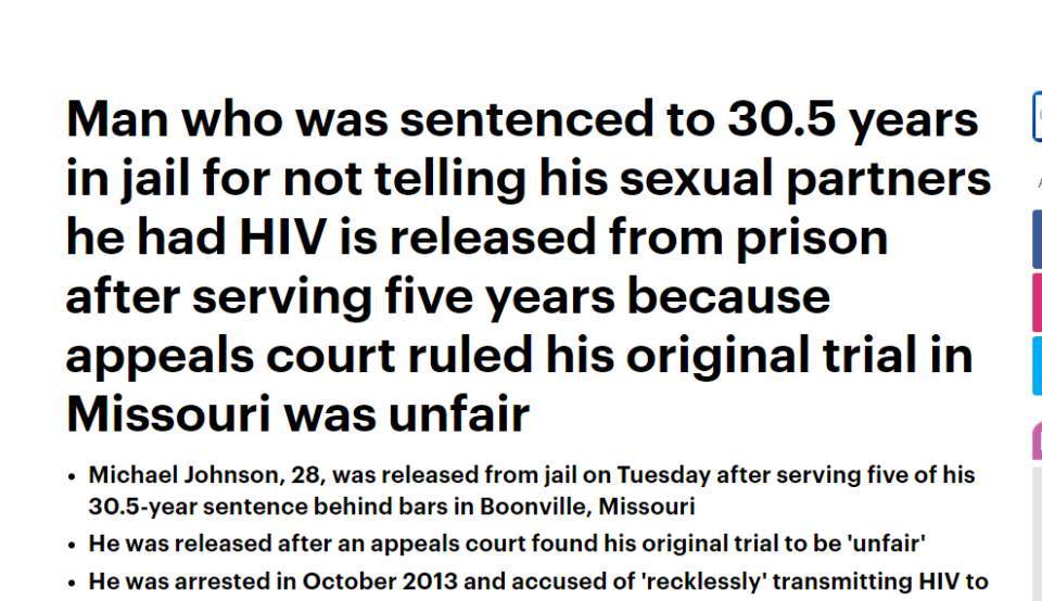 未告知6位伴侣自己有艾滋 传播艾滋病病毒被判30余年
