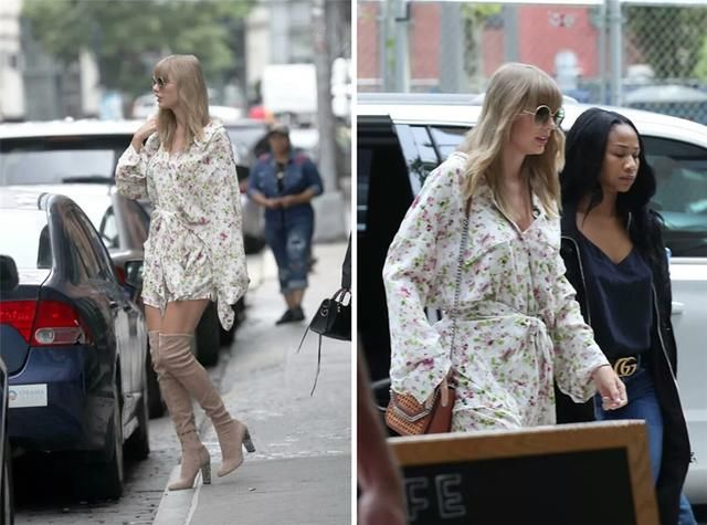 霉霉摆脱幸福胖瘦身成功，印花连衣裙搭配过膝长靴任性出街