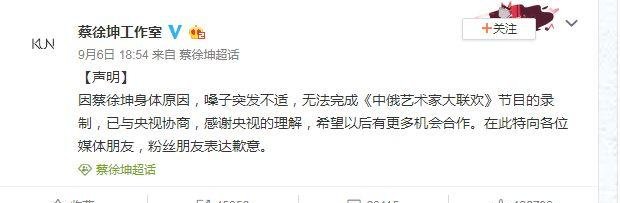 蔡徐坤身体不适发声明感谢理解，却有坤粉以“主人”身份回应央视