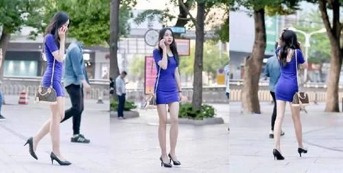 身材玲珑，步态轻盈，宝蓝色连衣裙超有女人范