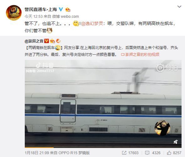 “110吗？ 两辆高铁在飙车！” 15秒视频大开眼界，这才是中国速