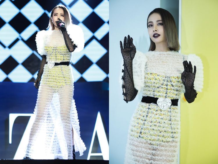 蔡依林155cm的身高，穿一字肩鱼尾裙也不丑，很有女神范