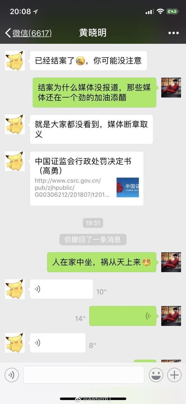 黄毅清晒与黄晓明聊天记录:称网友仇富,股票操纵案与黄晓明无关