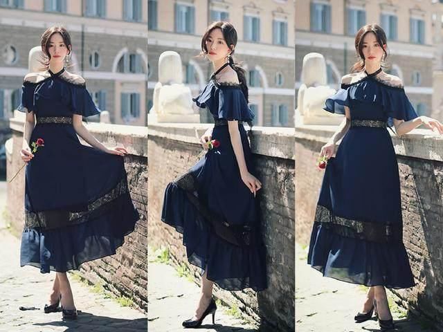 性感迷人的挂脖子连衣裙，搭配高跟鞋，让你美出了新高度！