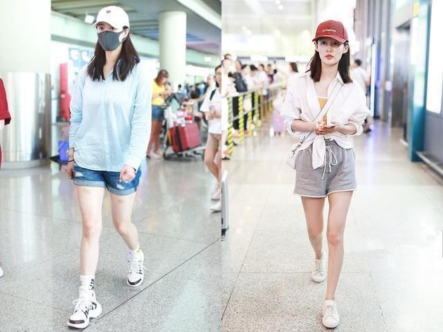 110斤蒋欣和90斤李沁同穿短裤，相差20斤，视觉效果不能再尴尬了