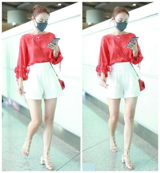 叶一茜穿红衣配白短裤现身机场，美炸了，两米大长腿百看不厌！