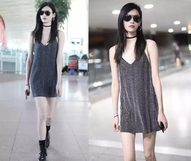 奚梦瑶亮相机场，吊带穿出“肚兜”的既视感，网友直呼不敢看