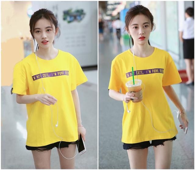沈月鞠婧祎机场同穿黄色T恤牛仔短裤，网友：一个美女一个村姑！