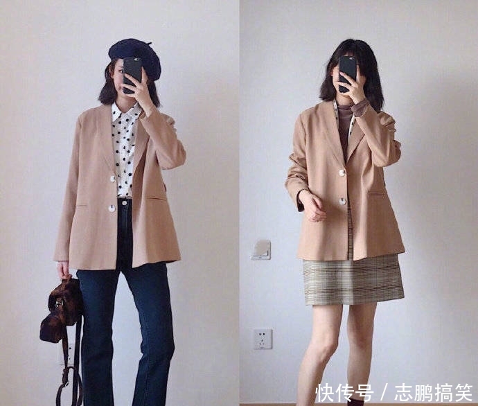 『小西』小个子春季日常穿搭怎么穿?卡其色小西装配蓝色牛仔裤,清新显瘦