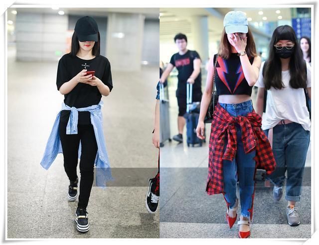 谢娜机场衬衫绑腰间撞上蔡依林，网友:村花和校花的区别一目了然