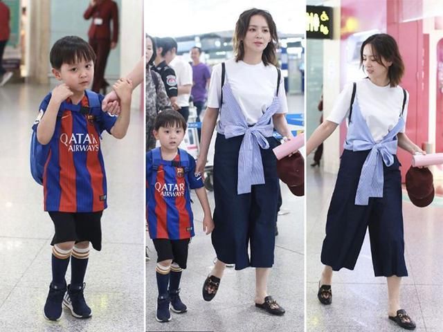 大麟子和邓莎亲子装现身机场，小小年纪要潮过妈妈的节奏