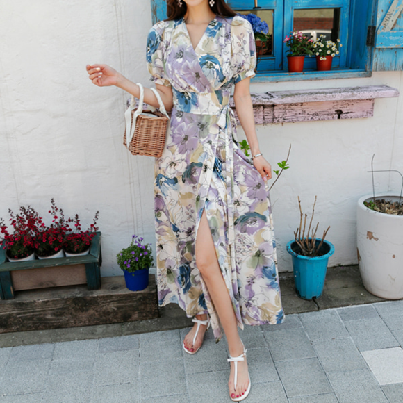 女神孙允珠，油墨水彩阿尔勒田园花亭长裙