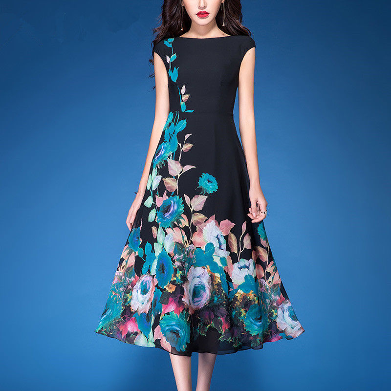 48+女人穿上欧洲站印花连衣裙，尽显成熟女性的优雅韵味太美了