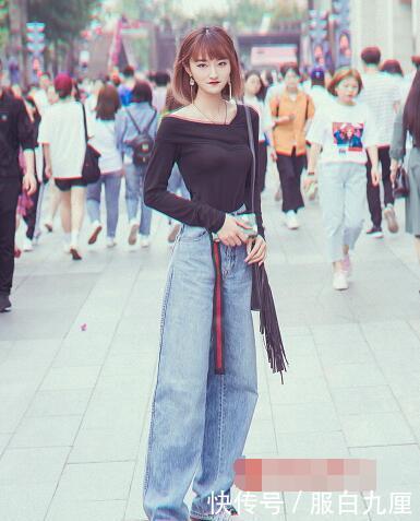 「显瘦」小姐姐一件高腰上衣搭配阔腿裤,显高又显瘦