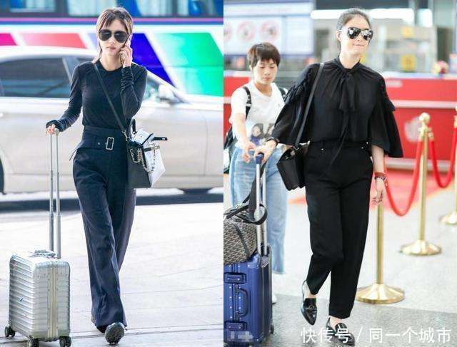 162王子文与171蒋欣, 同穿一身黑现身机场, 一个似超模一个是矮胖