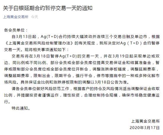 『上金所』上金所:因触发三日单边市 对白银TD合约暂停交易一天
