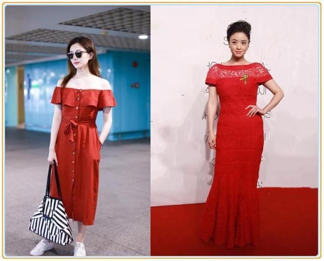 没江疏影小香肩真别穿一字肩长裙，像蒋欣这样穿成壮大妈就尴尬了