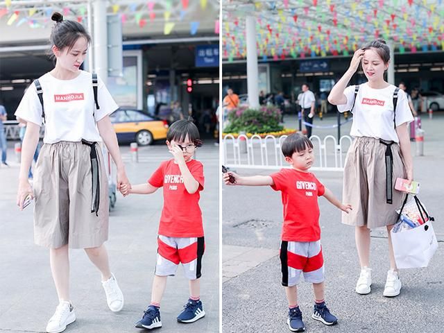 大麟子和邓莎亲子装现身机场,小小年纪要潮过妈妈的节奏