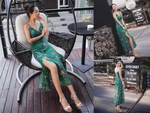 最近流行穿“墨绿色”开叉长裙，这样露大长腿，很有小性感!