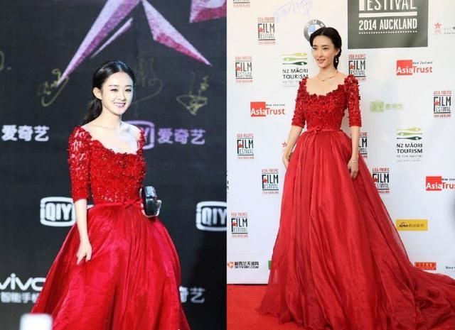 33岁王丽坤撞衫30岁赵丽颖，两人同穿大红裙，网友：就服赵丽颖
