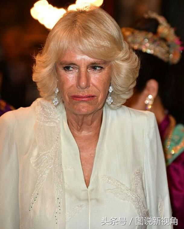 卡米拉半身照:紧身连衣裙包裹上半身，皱纹明显比女王还显老
