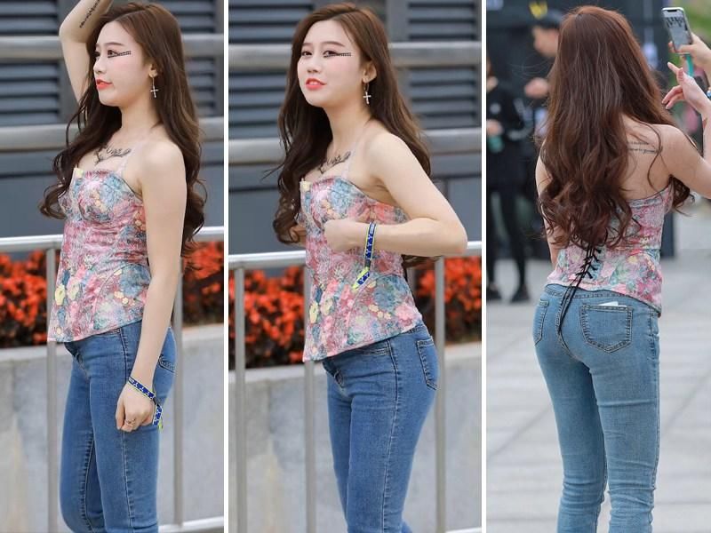 白兮兮、胖乎乎的微胖美女，穿紧身牛仔裤还能这样美!