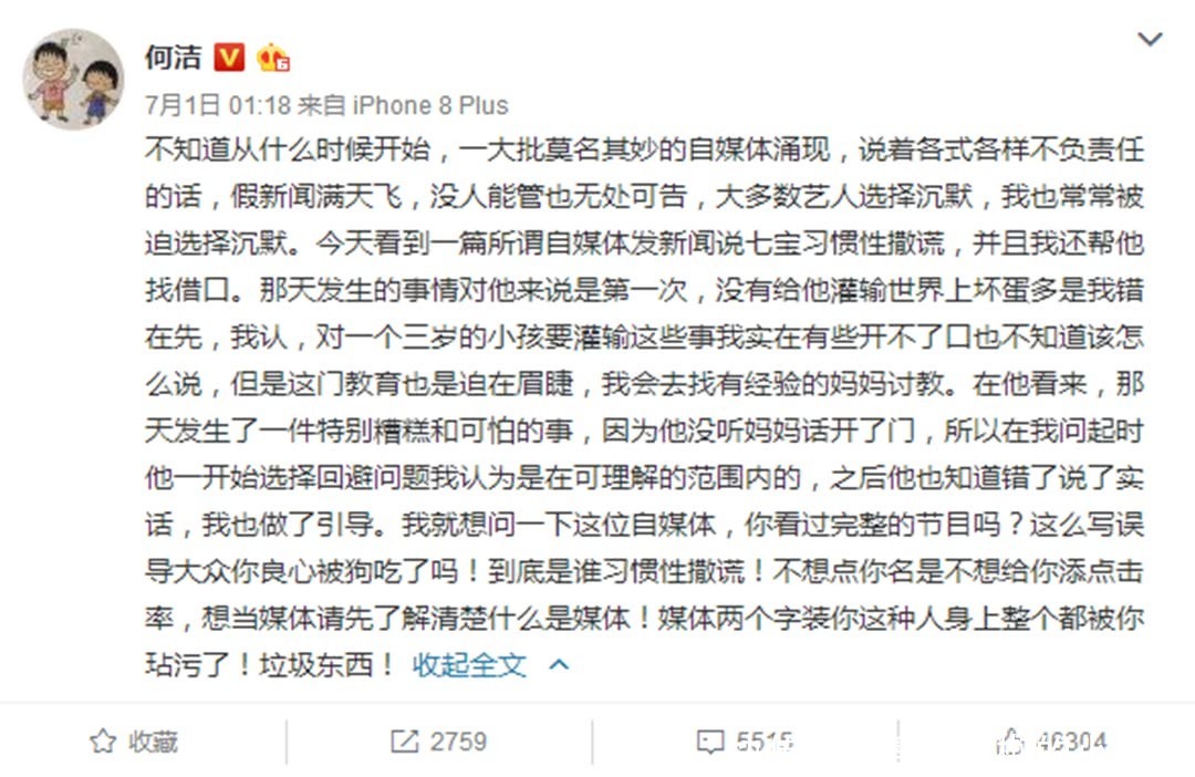 媒体造谣七宝说谎成性，何洁发飙怒斥媒体消费孩子