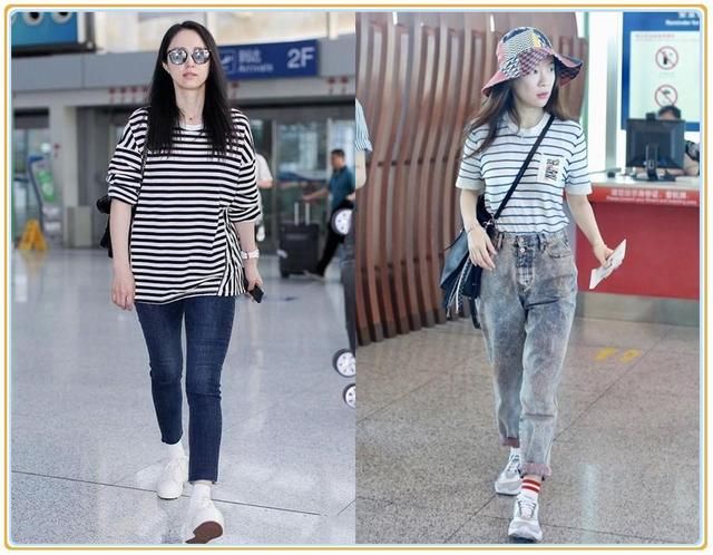 董璇是辣妈,霍思燕也是辣妈,二人同穿条纹T恤,差距竟如此尴尬